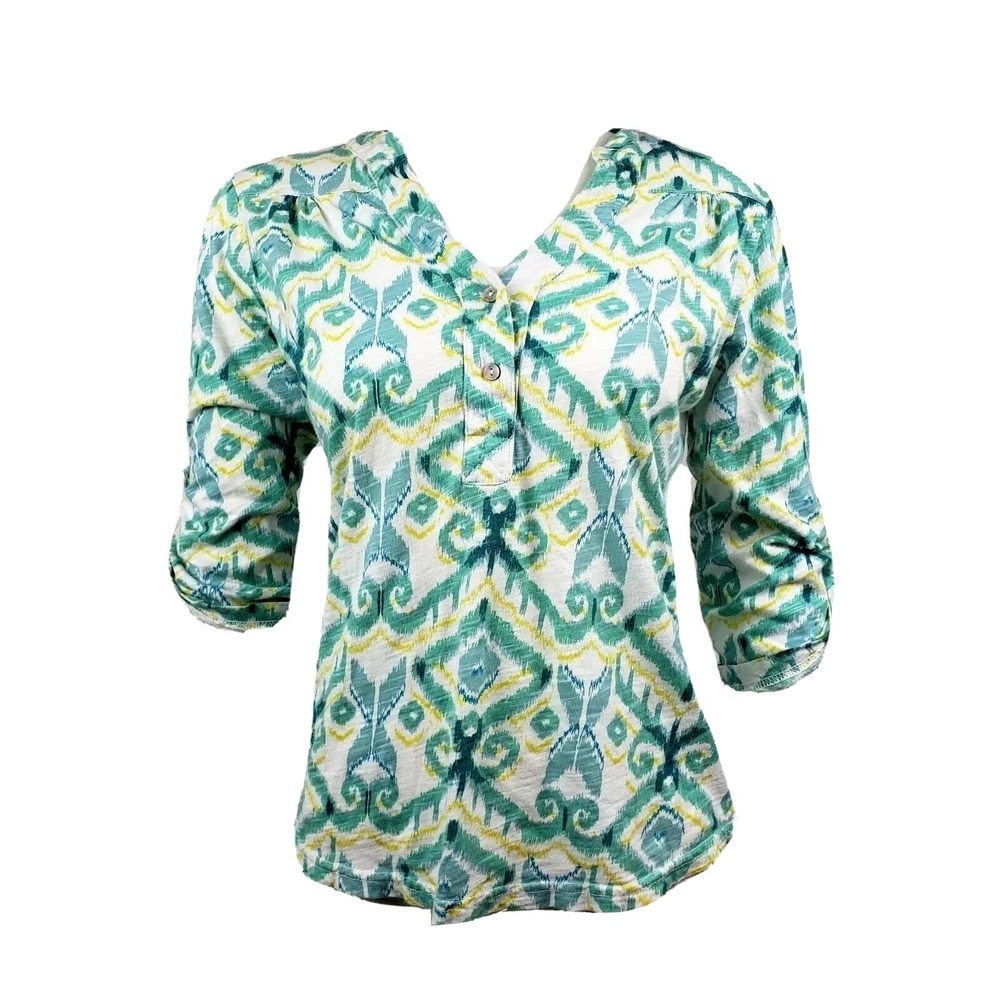 Fresh Produce Top Womens Size XS Green Yellow White Tab Sleeve 100% Cotton